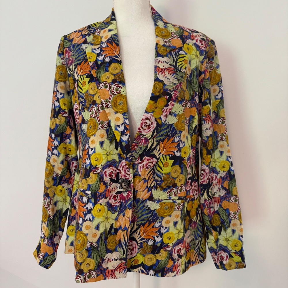 Foil Floral Linen Blazer Womens 10 Botanical Single Button